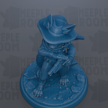 A blue figurine of a character wearing a cowboy hat and holding a gun, sitting on a blue base.