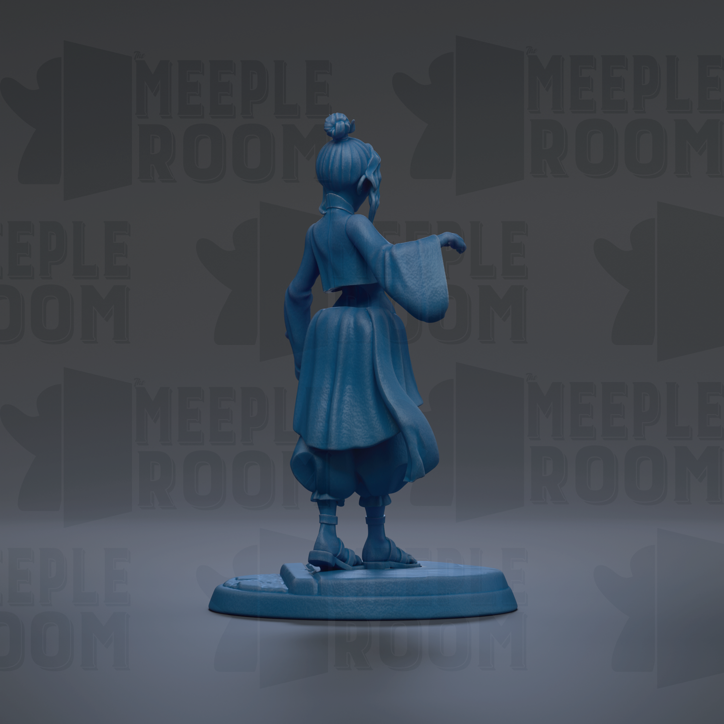 A blue figurine of a person standing on a platform against a dark background with repeated text.
