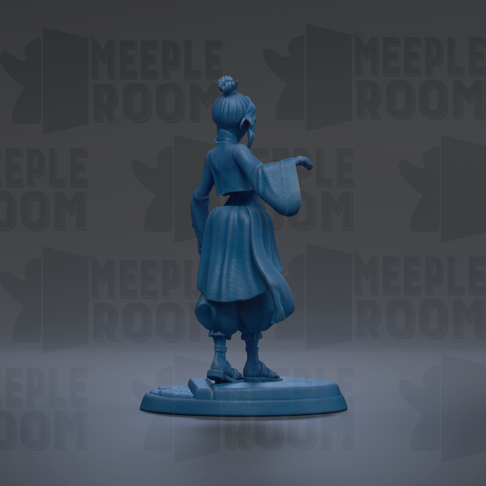 A blue figurine of a person standing on a platform against a dark background with repeated text.