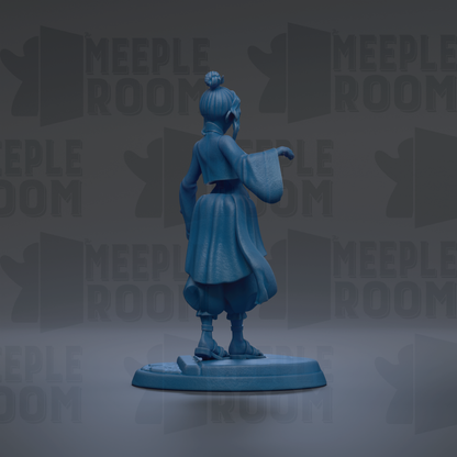 A blue figurine of a person standing on a platform against a dark background with repeated text.