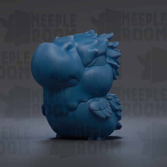 A blue, 3D-rendered dragon figurine is shown against a dark background with repeated text.