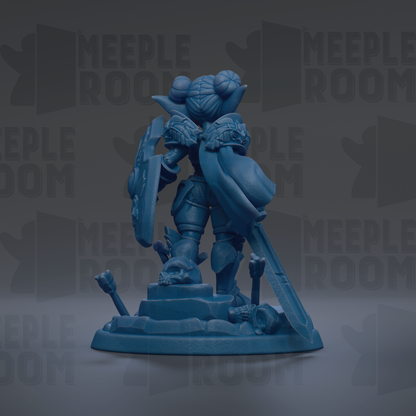 A blue figurine of a knight standing on a pedestal, holding a shield and sword, against a dark background with repeated text.