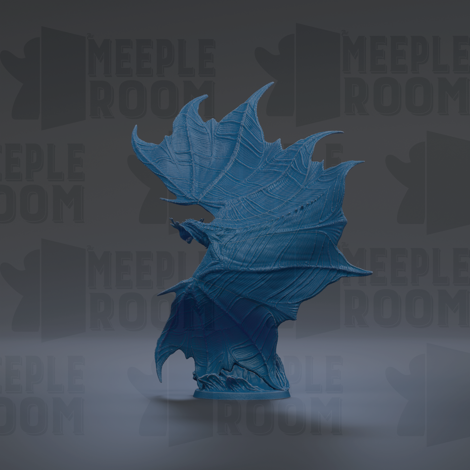 A blue bat-like creature with a large, intricate wing-like structure is prominently featured in the center of the image against a dark background.