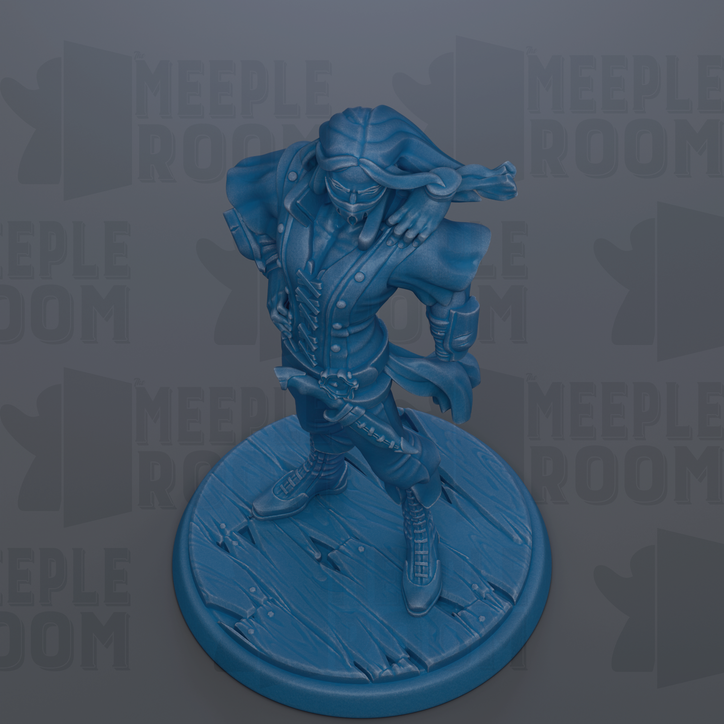 A blue figurine of a pirate standing on a wooden base, with the text "MEIPLLE ROOM" repeated in the background.