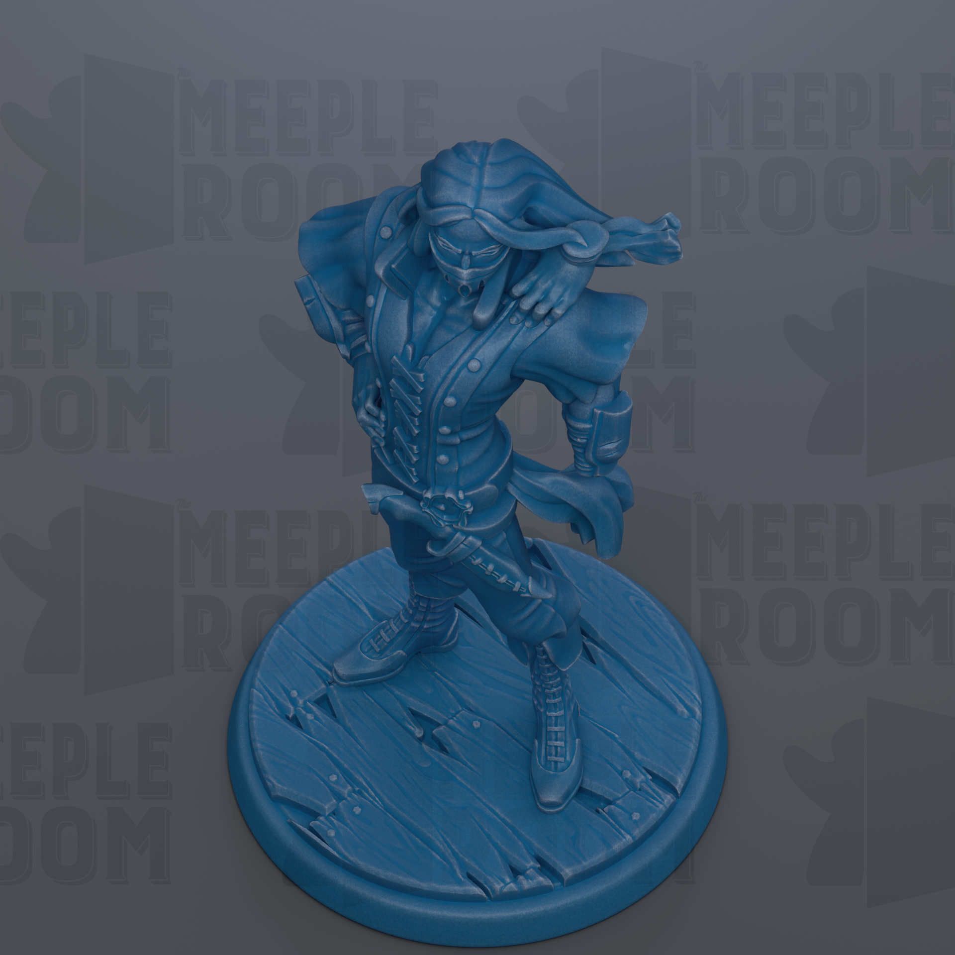 A blue figurine of a pirate standing on a wooden base, with the text "MEIPLLE ROOM" repeated in the background.