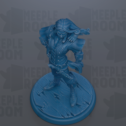 A blue figurine of a pirate standing on a wooden base, with the text "MEIPLLE ROOM" repeated in the background.