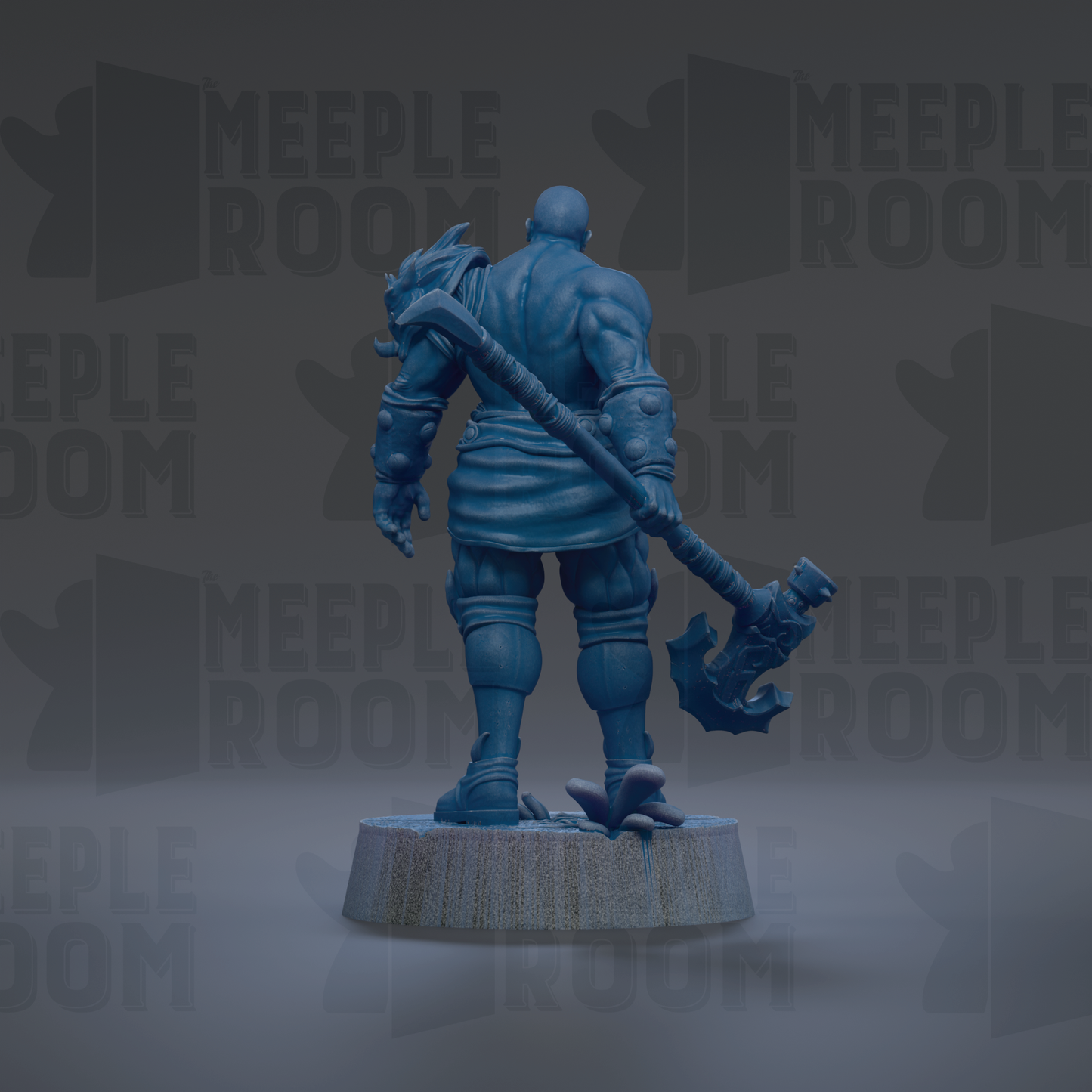 A 3D rendering of a muscular, armored figure holding a large weapon, standing on a pedestal against a dark background with repeated text.