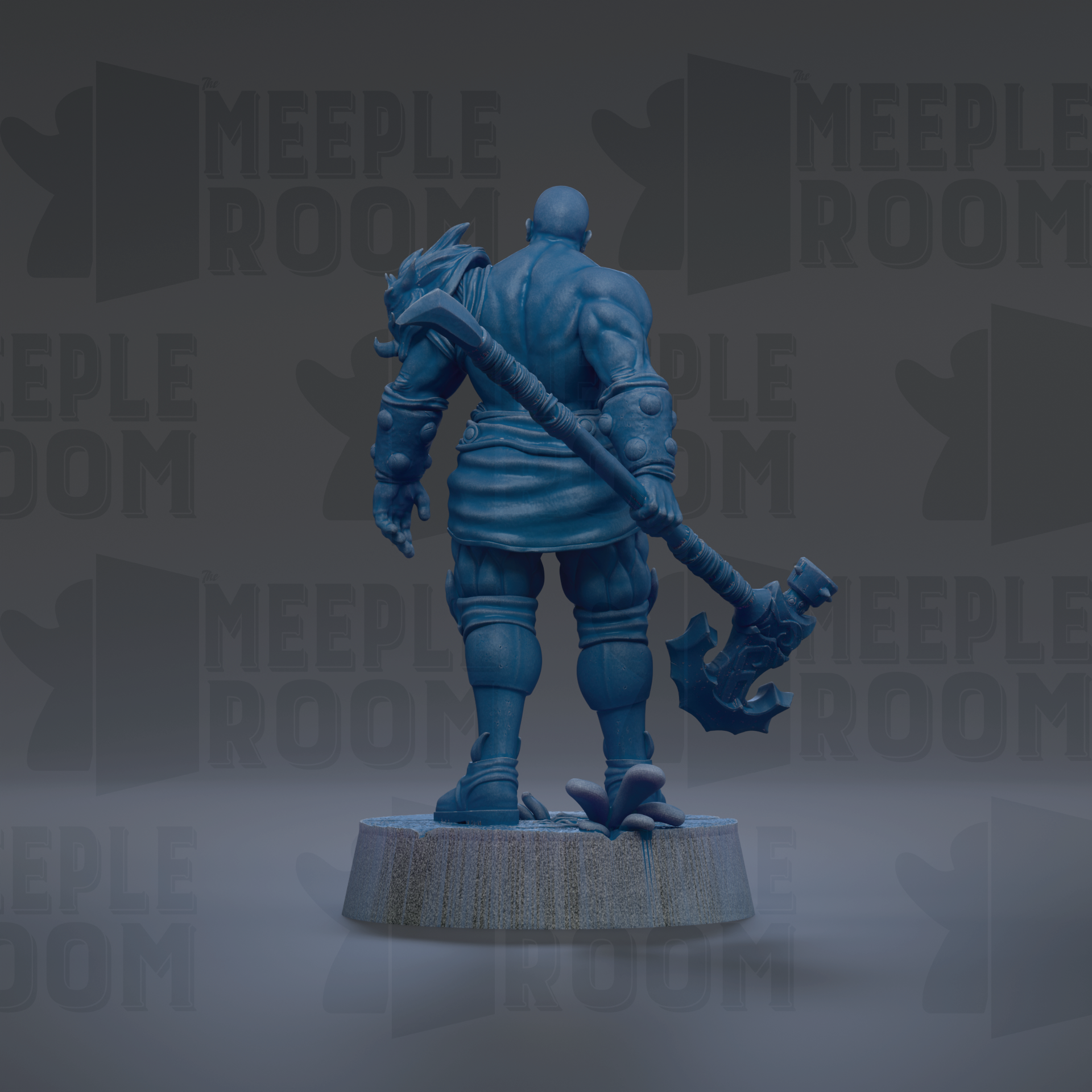 A 3D rendering of a muscular, armored figure holding a large weapon, standing on a pedestal against a dark background with repeated text.