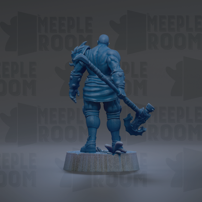 A 3D rendering of a muscular, armored figure holding a large weapon, standing on a pedestal against a dark background with repeated text.