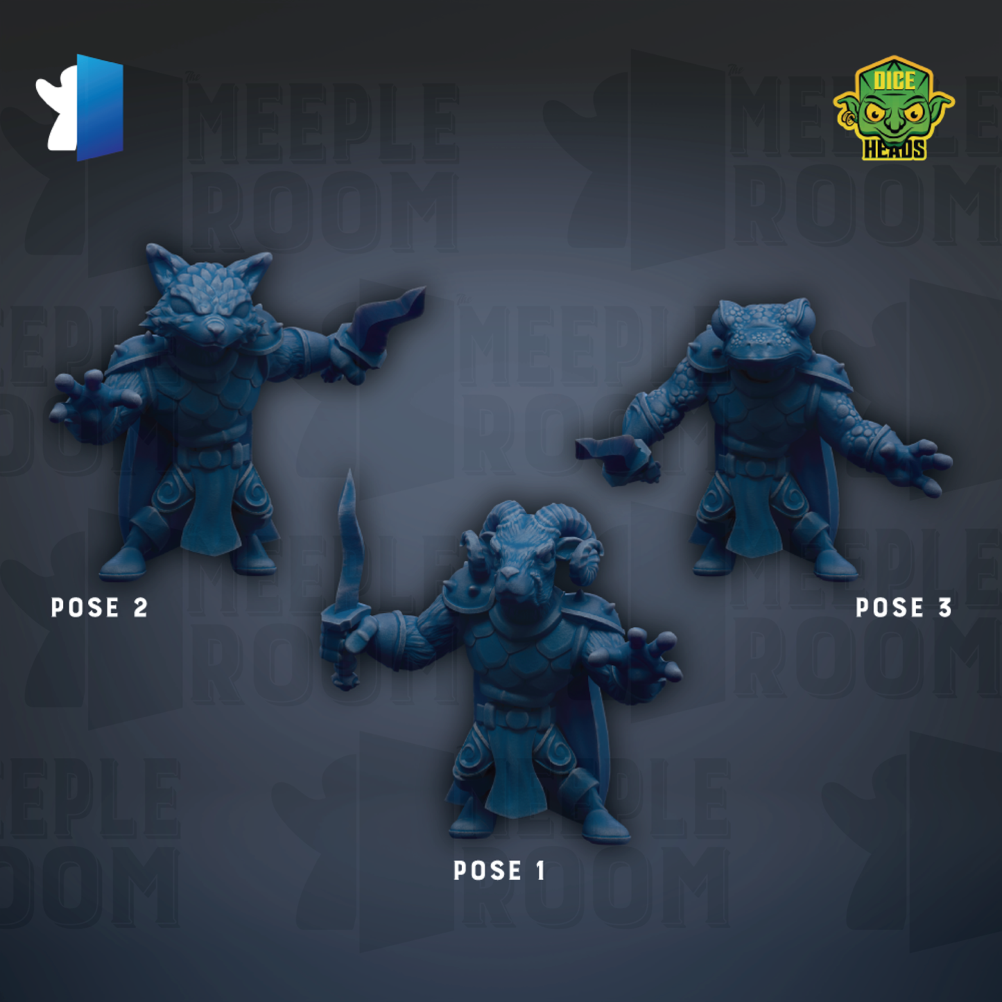 three blue figurines of creatures, each with different poses, arranged against a dark background with repeated text.