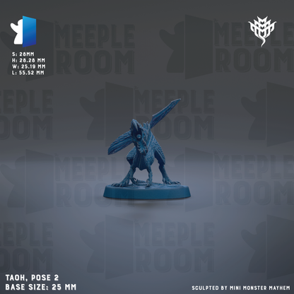 a blue figurine of a winged creature, possibly a dragon or mythical creature, posed on a base. The figurine is set against a dark background with repeated text and logos.