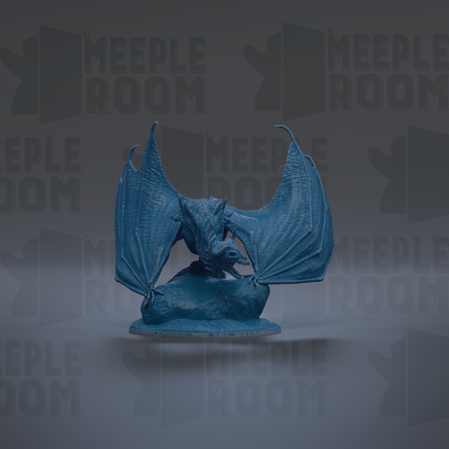 A blue bat figurine is displayed against a dark background with repeated text.