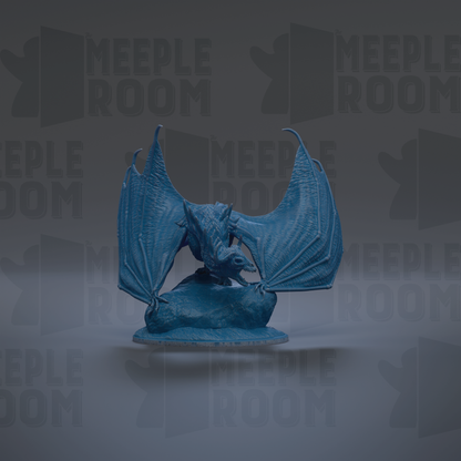 A blue bat figurine is displayed against a dark background with repeated text.