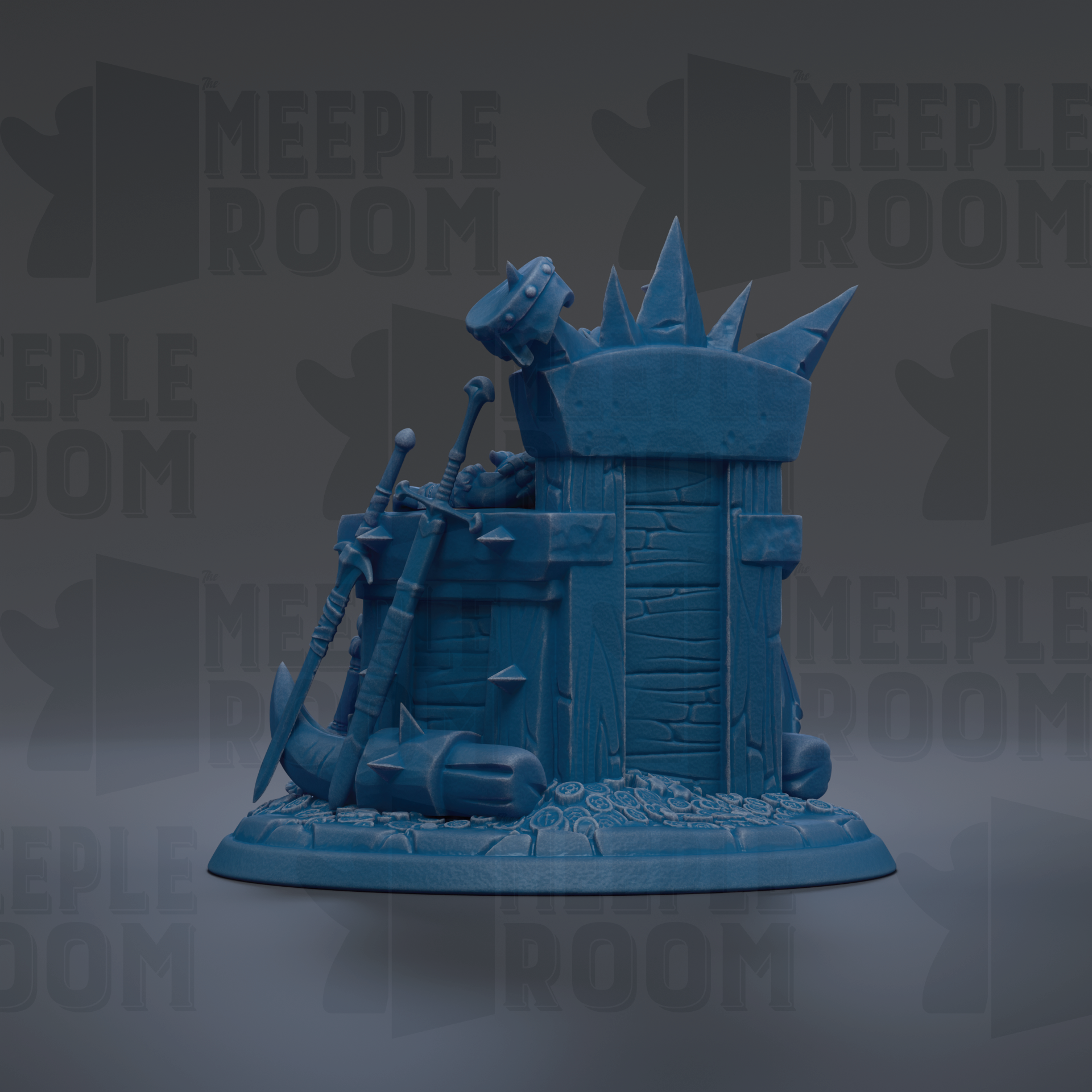 A blue, 3D-rendered figurine of a sword and shield, with the text "MEIPLLE ROOM" repeated in the background.