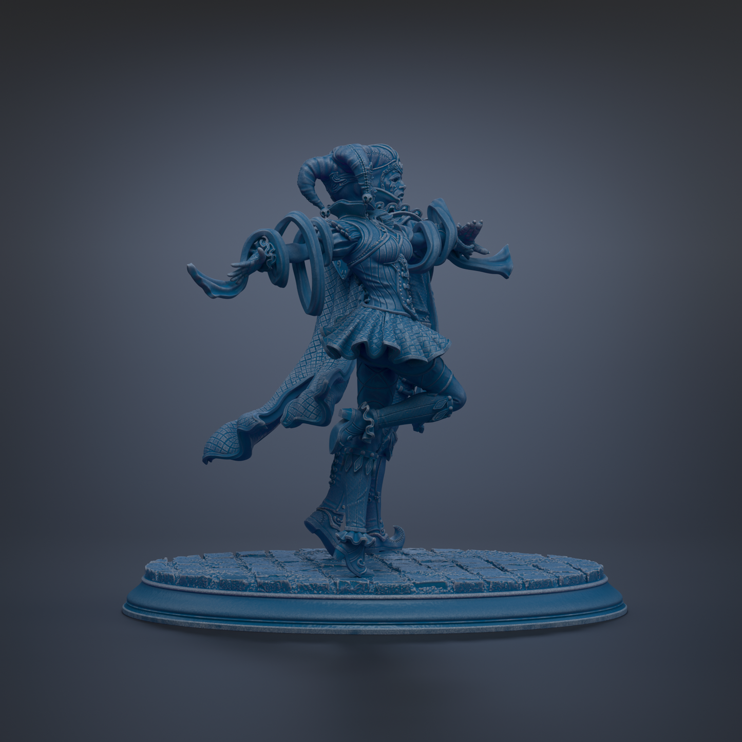 A blue statue of a figure with horns and a flowing skirt, standing on a pedestal.