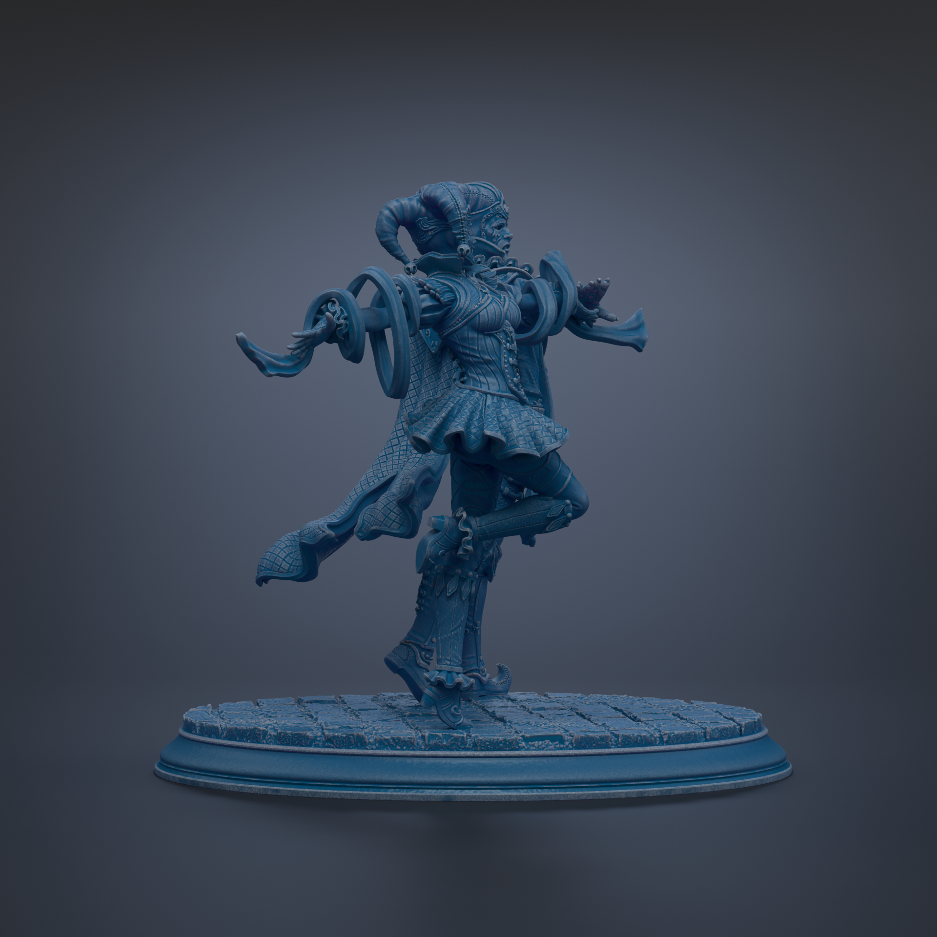 A blue statue of a figure with horns and a flowing skirt, standing on a pedestal.