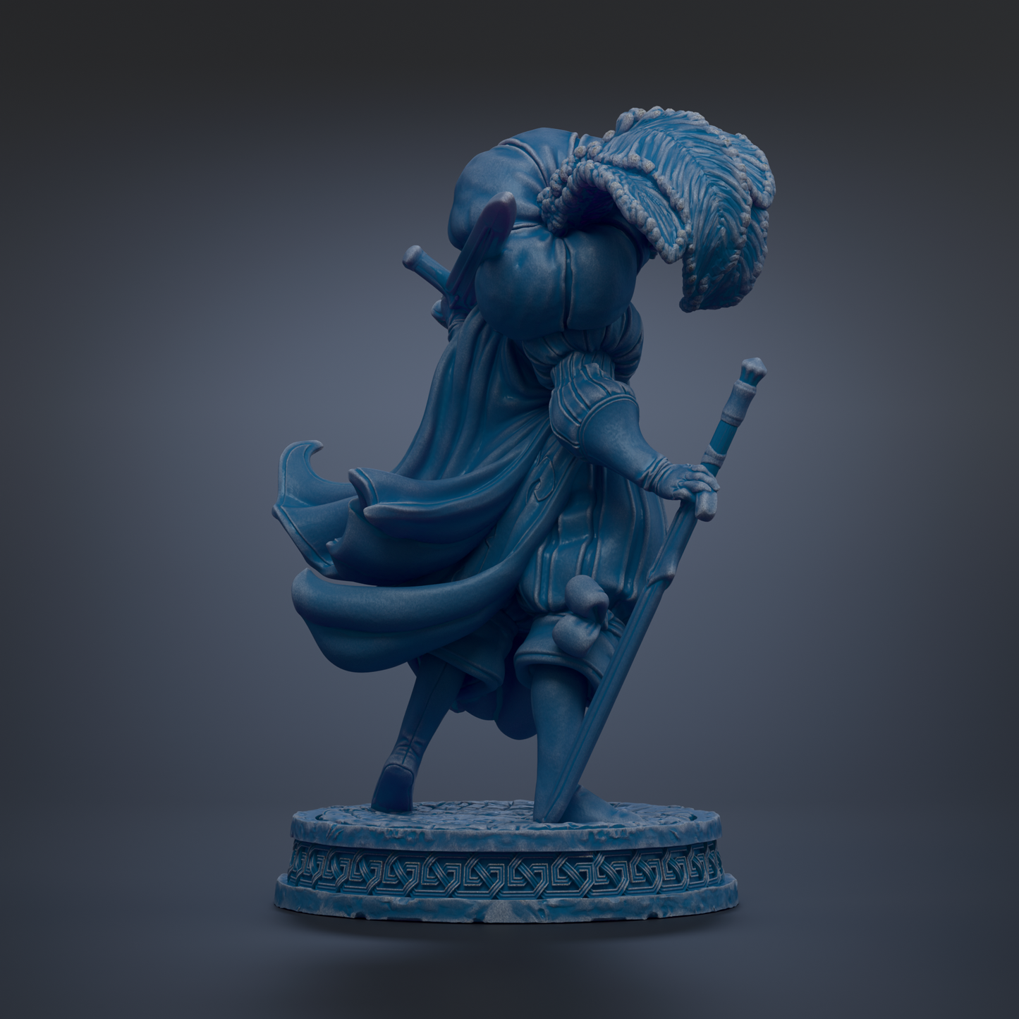 A blue statue of a figure holding a staff and wearing a flowing robe, standing on a pedestal.