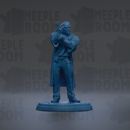 A blue figurine of a person standing on a platform, with the text "MEUPLE ROOM" repeated in the background.