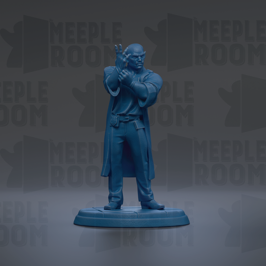 A blue figurine of a person standing on a platform, with the text "MEUPLE ROOM" repeated in the background.