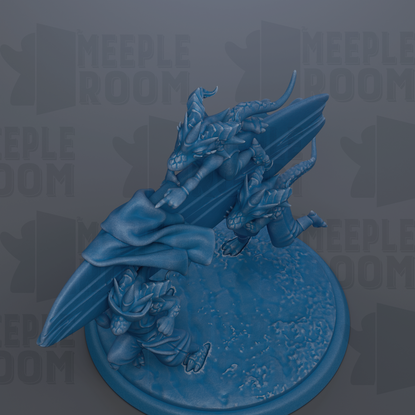A 3D rendering of a blue dragon-like creature with horns and a flowing cape, standing on a blue platform.