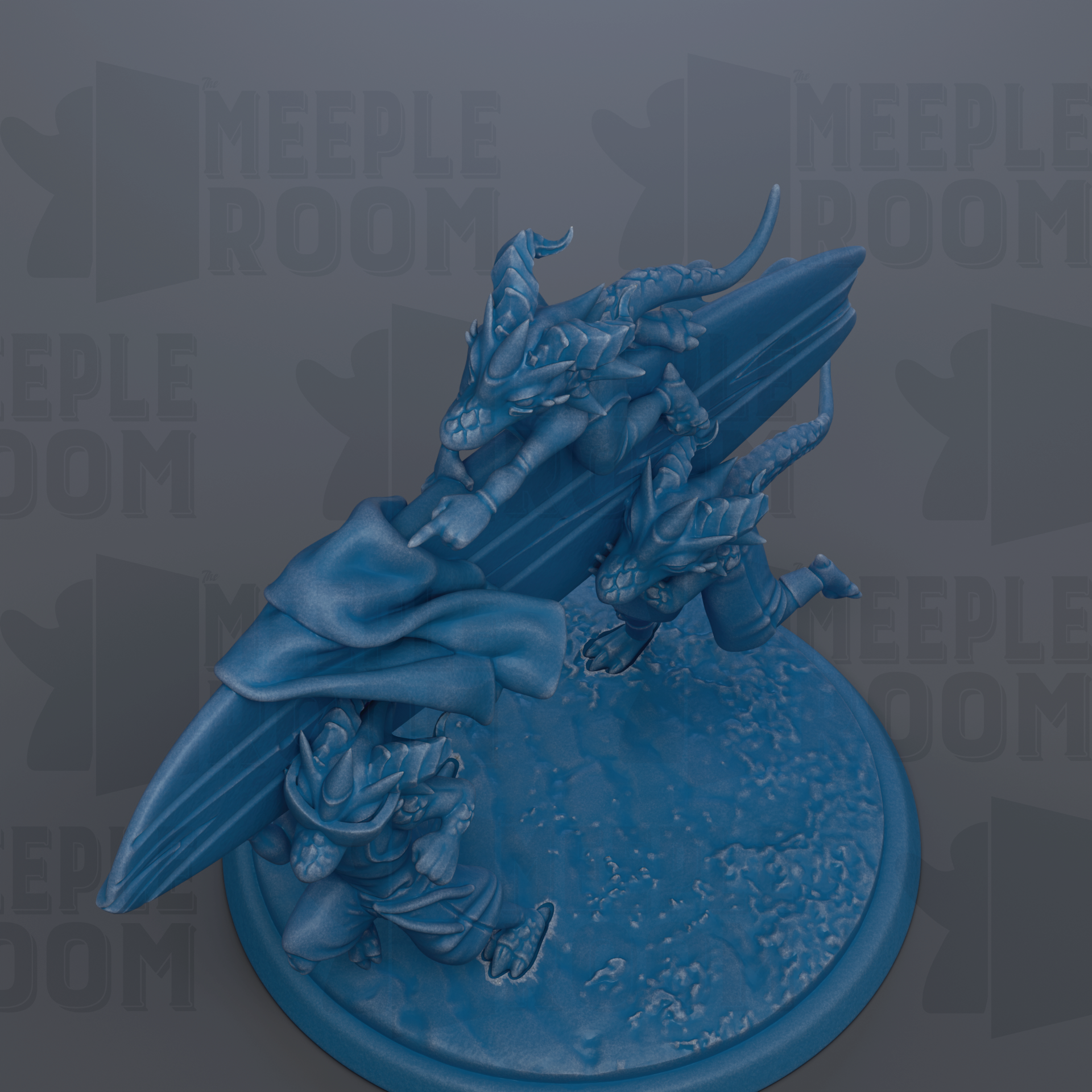 A 3D rendering of a blue dragon-like creature with horns and a flowing cape, standing on a blue platform.
