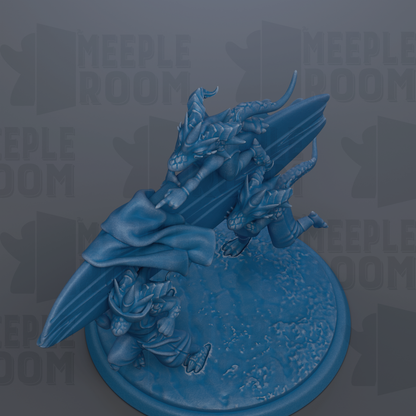 A 3D rendering of a blue dragon-like creature with horns and a flowing cape, standing on a blue platform.