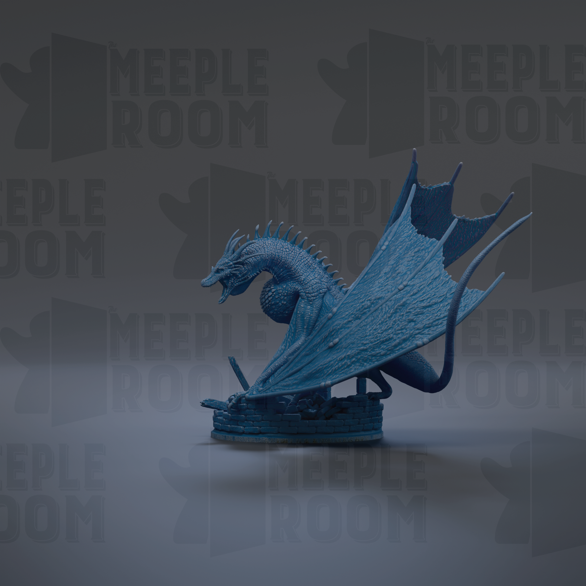 A blue dragon figurine is shown against a dark background with repeated text.