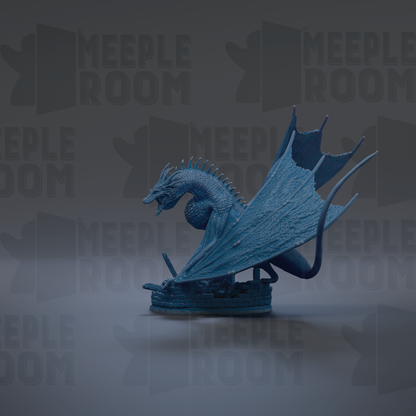 A blue dragon figurine is shown against a dark background with repeated text.