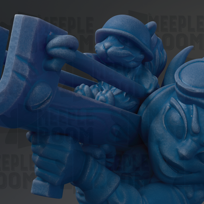 A close-up of a blue toy soldier holding a toy gun, with the background blurred.