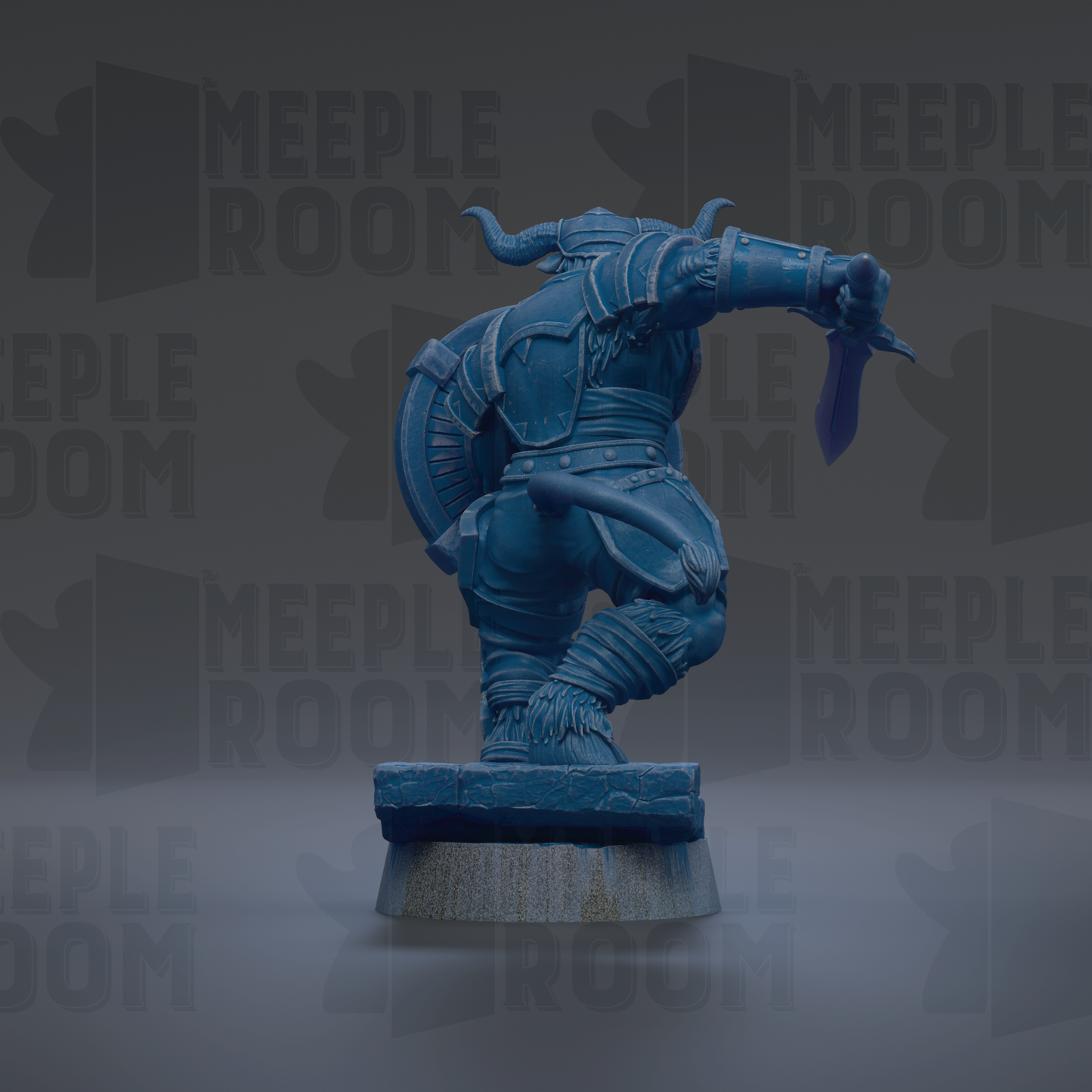 A blue statue of a warrior figure with a sword in hand, standing on a pedestal against a dark background with repeated text.