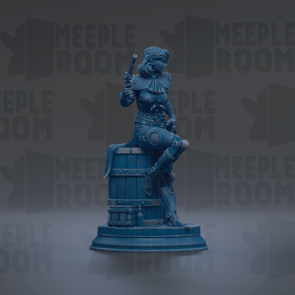 A blue statue of a woman sitting on a barrel, holding a weapon, against a dark background with repeated text.