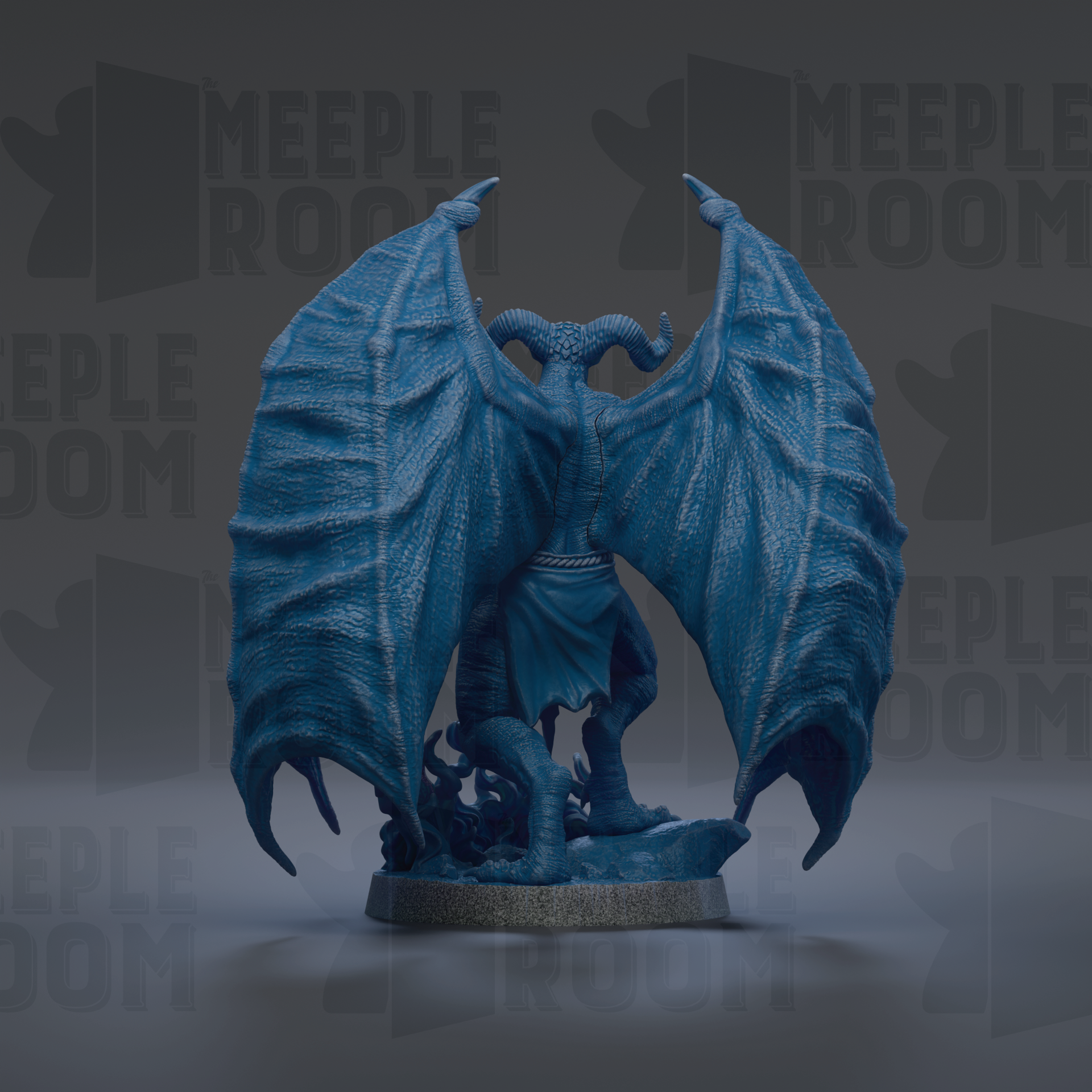 A 3D rendering of a blue dragon statue with large wings and a fierce expression, standing on a gray base.