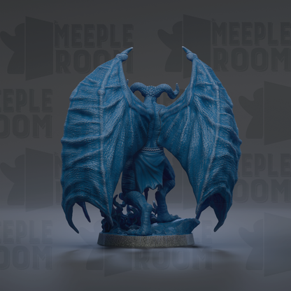 A 3D rendering of a blue dragon statue with large wings and a fierce expression, standing on a gray base.