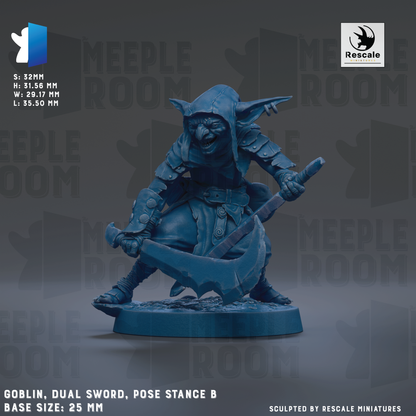 The image is a 3D model of a blue-colored dwarf figure holding a dual sword and standing on a base. The figure is posed in a dynamic stance, with the sword held in the hand. The base sizes are 25 mm. The image is a sculpture by Rescale Miniatures.