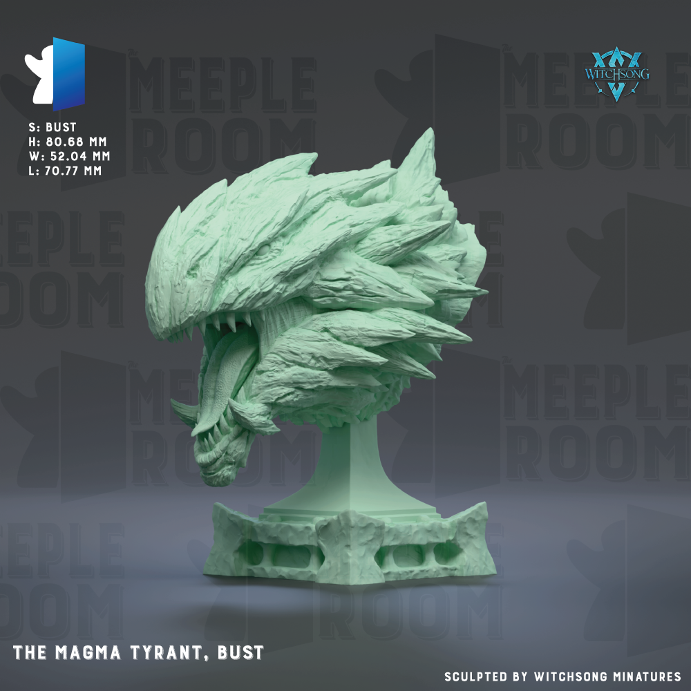 a bust of a green dragon head, specifically The Magma Tyrant, Bust, which is a figurine created by Witchesong Miniatures.