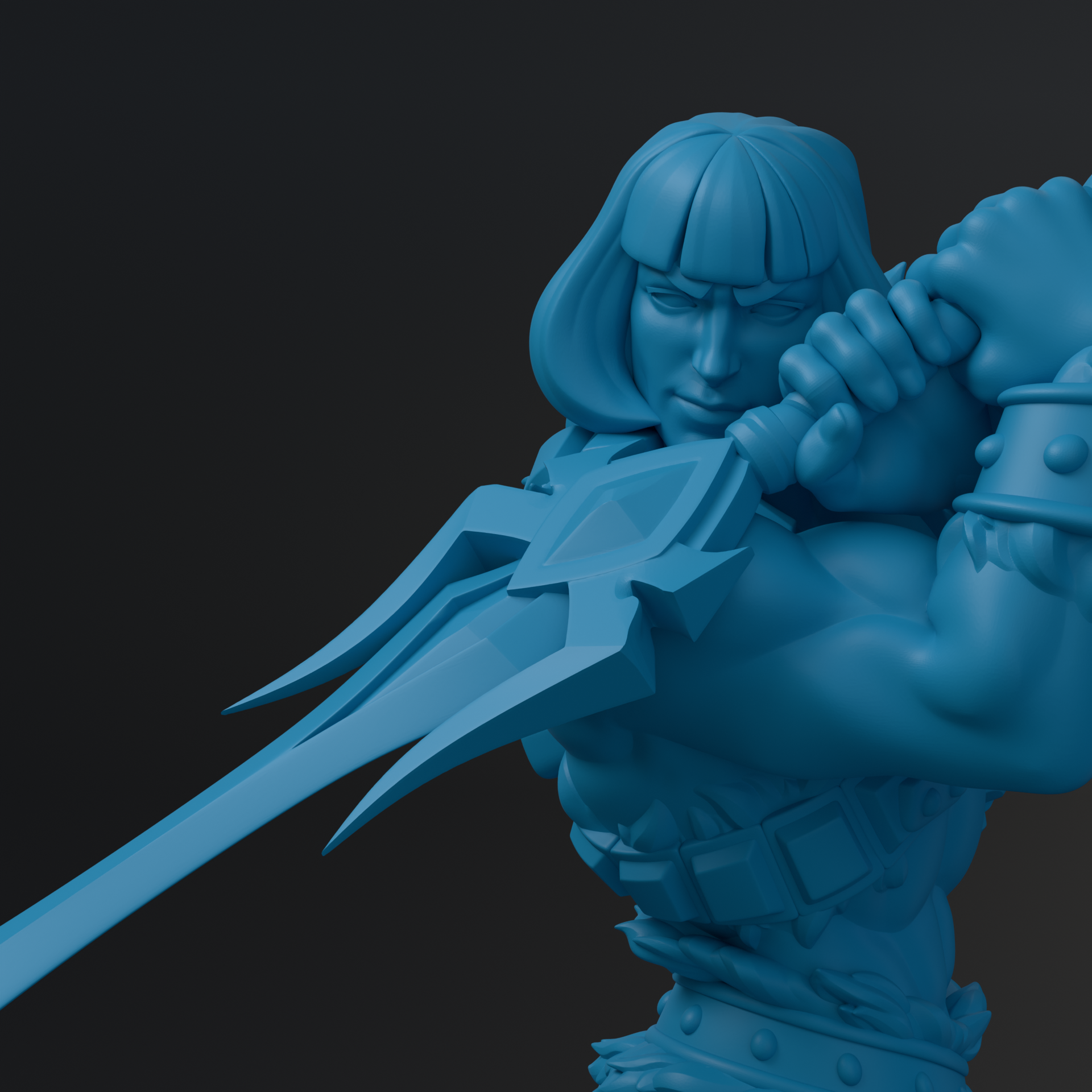 A 3D rendering of a blue-colored character with a sword, standing in a fighting stance.
