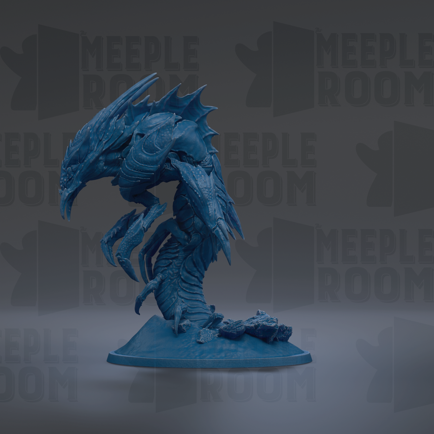 A blue, 3D-rendered creature resembling a dragon or serpent, with sharp teeth and claws, is depicted in the image.