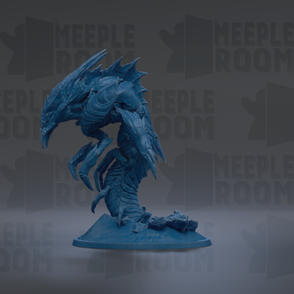 A blue, 3D-rendered creature resembling a dragon or serpent, with sharp teeth and claws, is depicted in the image.