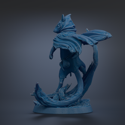 A blue, 3D-rendered statue of a fantastical creature with a large head, long tail, and flowing cape.