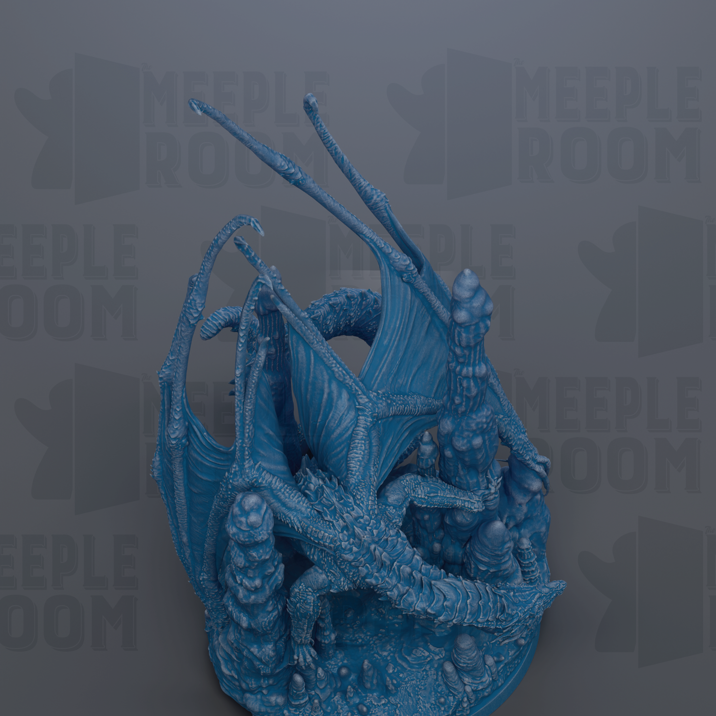 A detailed 3D rendering of a blue dragon-like creature with intricate scales and wings, set against a dark background with repeated text.