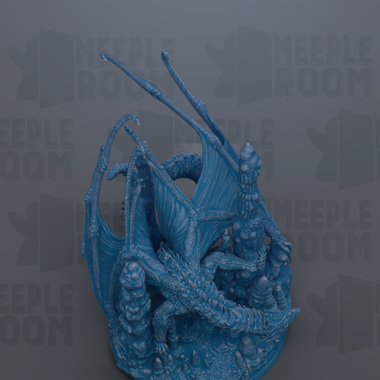 A detailed 3D rendering of a blue dragon-like creature with intricate scales and wings, set against a dark background with repeated text.