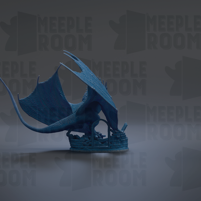 A blue dragon figurine is displayed against a dark background with repeated text.