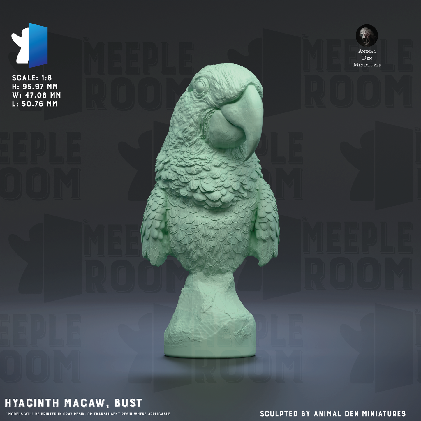Hyacinth Macaw, Bust by Animal Den Miniatures | Miniature | TTRPG | Unpainted | Print on Demand