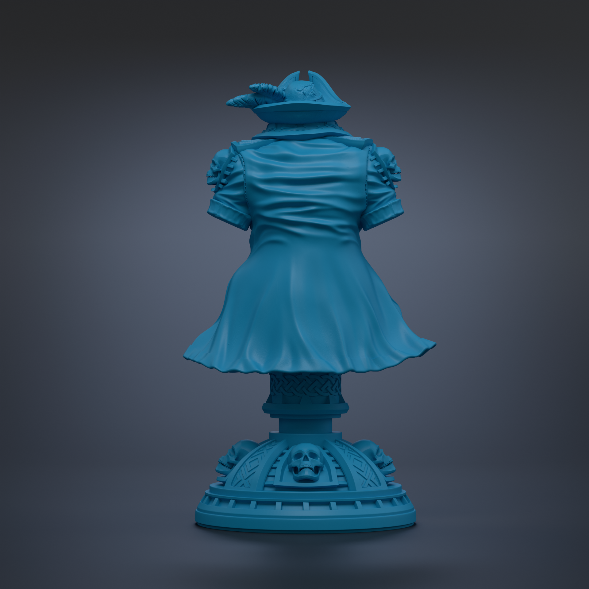 A blue statue of a pirate's outfit, including a hat, standing on a base with a skull design.