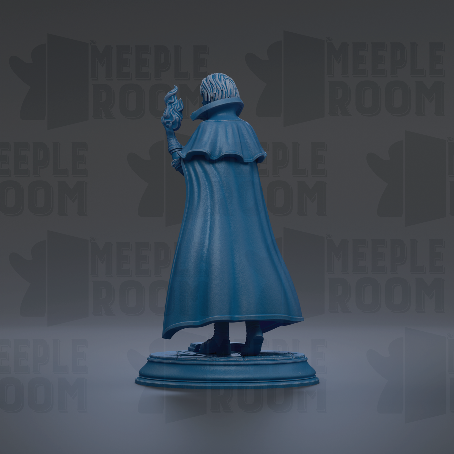A blue statue of a person holding a flame, standing on a pedestal against a dark background with repeated text.