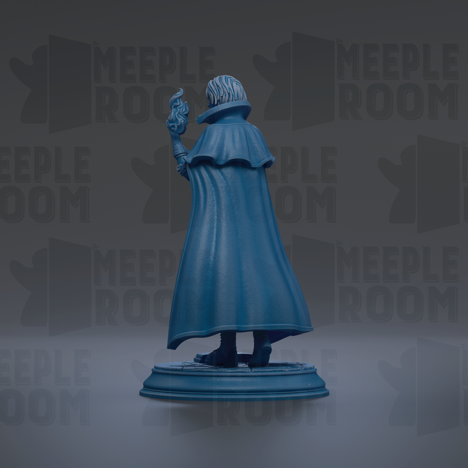 A blue statue of a person holding a flame, standing on a pedestal against a dark background with repeated text.