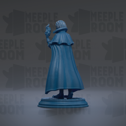A blue statue of a person holding a flame, standing on a pedestal against a dark background with repeated text.