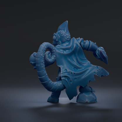 A 3D rendering of a blue, fantastical creature with a large head and long, curled tail, standing on a rock and holding a weapon.