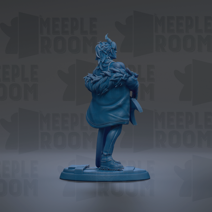 A blue figurine of a person standing on a platform against a dark background with repeated text.