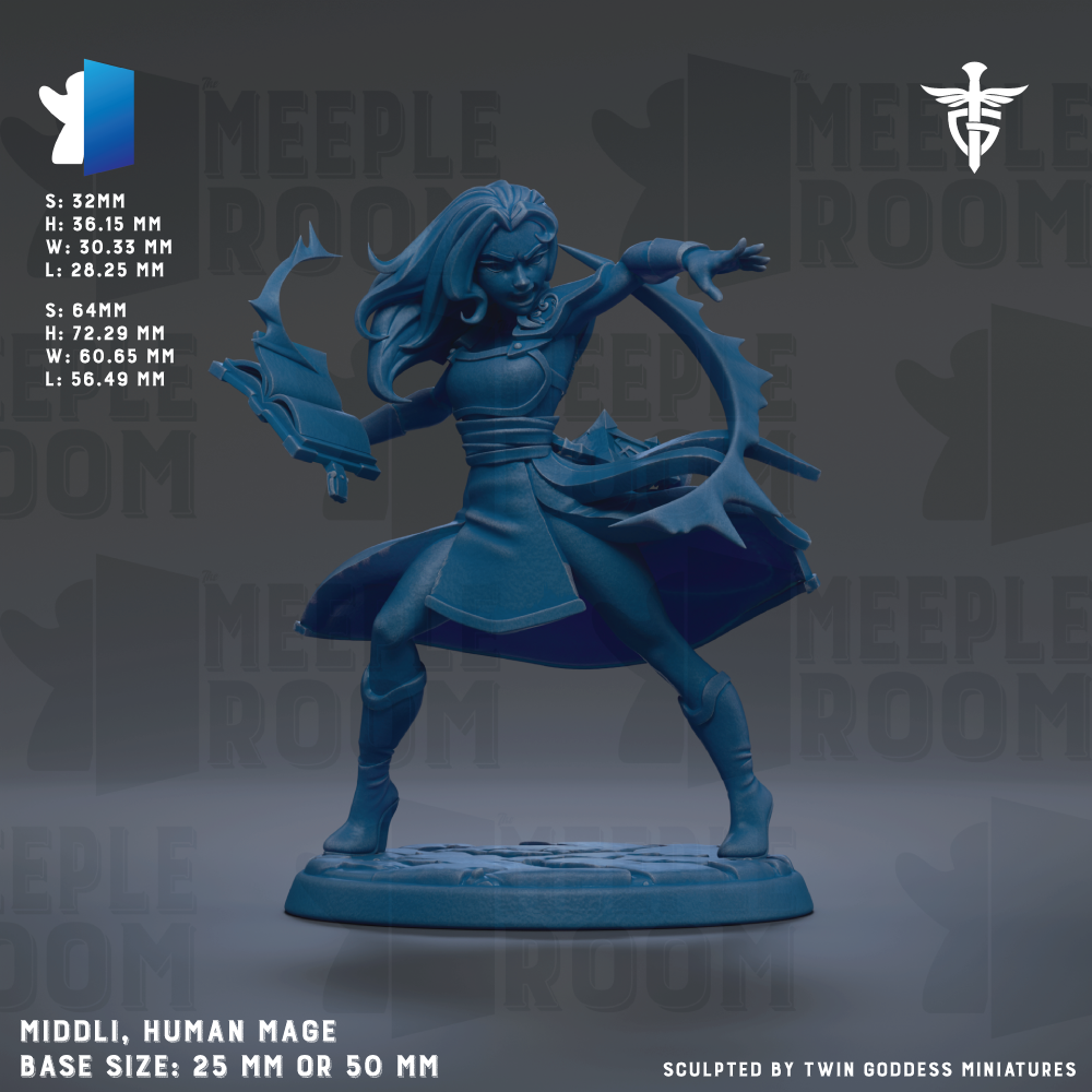 The image is a detailed model of a female character, likely a human Mage, with a blue color scheme. The character is depicted in a dynamic pose, holding a sword and a shield, and is standing on a base that is either 25mm or 50mm in size. The image is a sculpture, and it is described as being sculpted by Twin Goddess Miniatures.